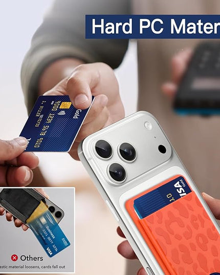 Stronger Magnetic Card Slot Wallet for iPhone 17/16/15/14/13/12 Series (Not for 13/12 Mini), Cheetah Leopard Pattern Hard Card Holder Fit 3 Cards Compatible with Magsafe Accessories, Orange