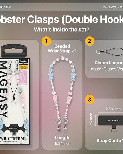 MAGEASY Beaded Phone Charm for Women - Cell Phone Wrist Strap with Teather Tab, Designed for iPhone & Android Phones, Keychain, Camera - Bear Bliss with Lobster Hooks (Double Hooks)