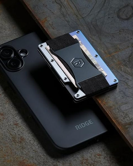 Ridge Wallets for Men Compatible with Magsafe - Slim Minimalist Compact Wallet and Card Holder, RFID Protected Front Pocket Wallets for Men with Integrated Cash Strap (Burnt Titanium) | Slim, RFID, Card Holder
