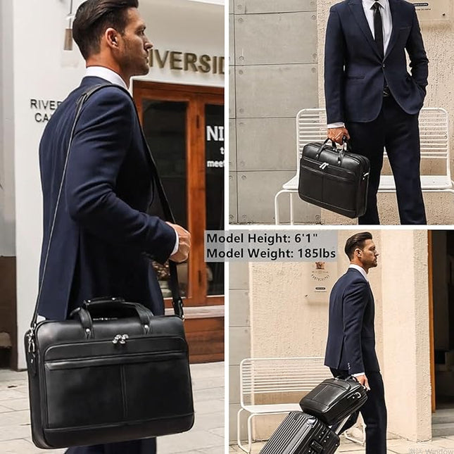 Masa Kawa Leather Briefcase for Men 17/15.6" Laptop Crossbody Shoulder Messenger Bag Business Travel Work Attache Case