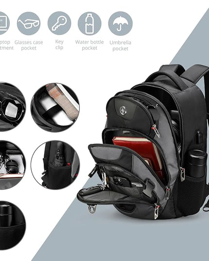 Swissdigital Design Laptop Backpack, Travel Backpack with USB Charging Port Fits 15.6 inches Computer, 31L College School Bookbag for Men, Black/Grey | SD803-02