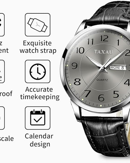 Mens Leather Watch Large Face Classic Quartz Mens Analog Watches Luxury Dress Watches for Men Waterproof Men's Wrist Watch Easy Read with Date Number Dial Relojes para Hombre