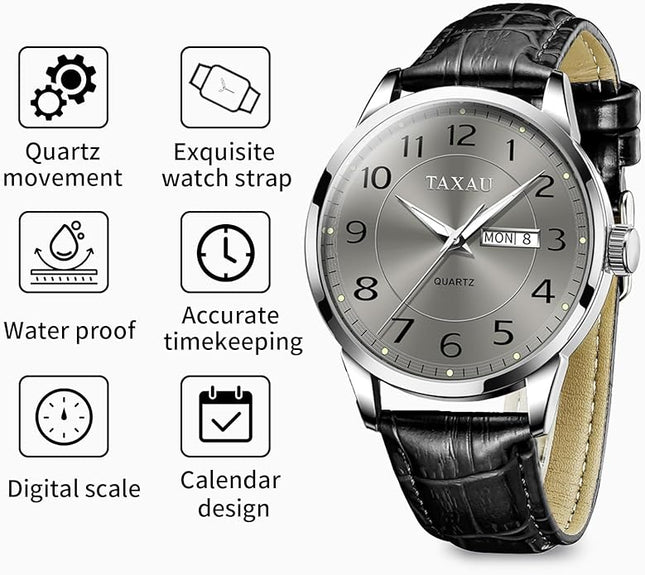 Mens Leather Watch Large Face Classic Quartz Mens Analog Watches Luxury Dress Watches for Men Waterproof Men's Wrist Watch Easy Read with Date Number Dial Relojes para Hombre