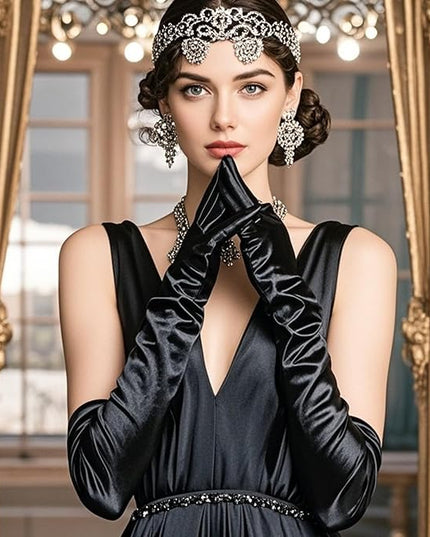 THARAHT Women Long Gloves with Satin Elbow Length for 1920s Opera Tea Party Costumes Bridal Evening Dress
