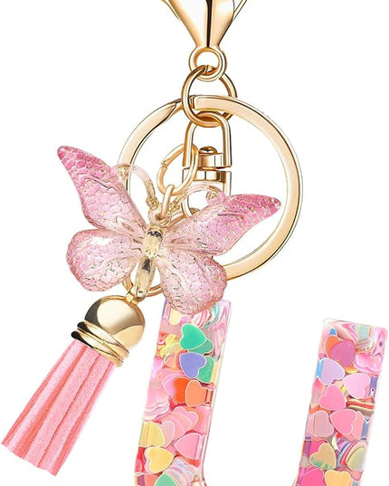 Fashion Alphabet Initial Letter Keychain Tassel Butterfly Pendant Key Ring for Purse Handbags Women Girl