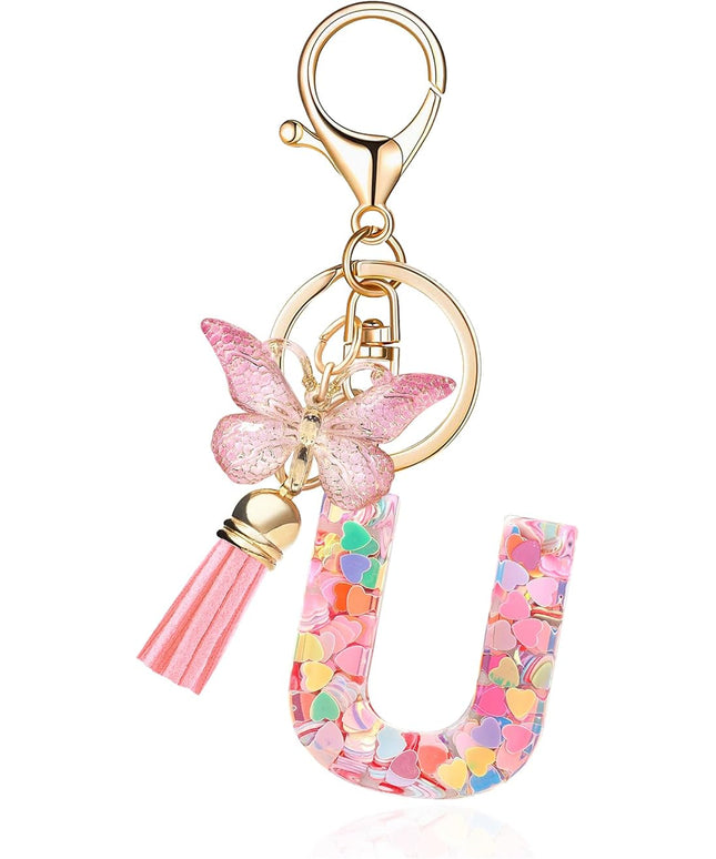 Fashion Alphabet Initial Letter Keychain Tassel Butterfly Pendant Key Ring for Purse Handbags Women Girl