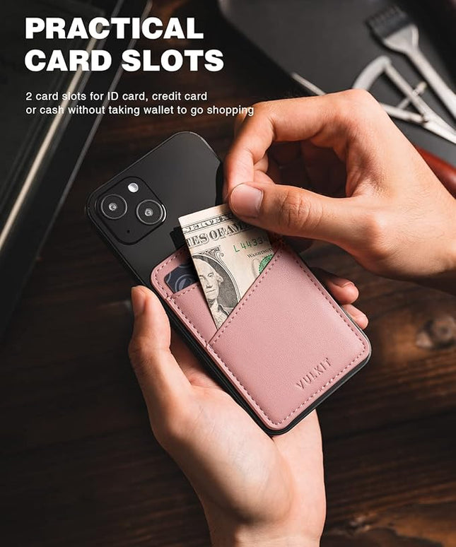 VULKIT Phone Card Holder Wallet Leather Adhesive Pocket RFID Blocking Credit Card Sleeves Stick Back of Phone Smartphones Rose