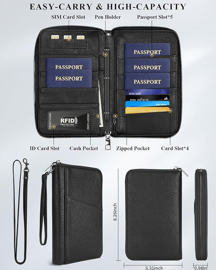 Family Passport Holder Wallet RFID Travel Document Organizer for Women Men, Portable Case Cover for Cards, Boarding Pass with Wrist & Neck Double Strap, Travel Christmas Gifts (Textured Black, 1pack)