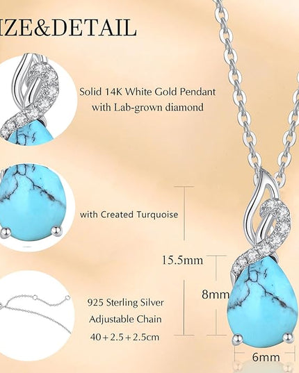 FANCIME 14K Solid White Gold Teardrop Pendant with Diamond Birthstone Necklace