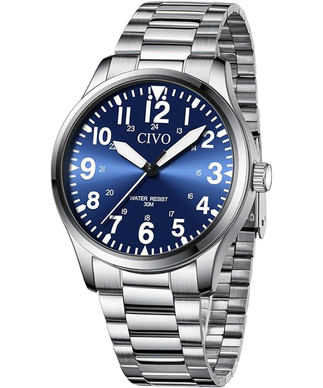 CIVO Analog Wrist Watches for Men: Waterproof Stainless Steel Mens Watches - Silver Watch with Easy Read Dial Men's Watch for Gift