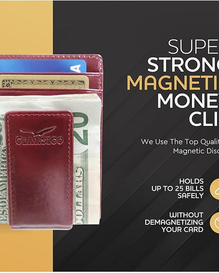 Money Clip Leather Wallet For Men Slim Front Pocket RFID Blocking with Super Strong Magnetic
