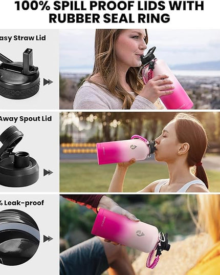 Insulated Water Bottle 87 oz, Triple Wall Vacuum Stainless Steel (Cold for 48 Hrs), Leak Proof & Non-BPA, Modern Water Flask Jug with Paracord Handle & Straw Spout Lids, Ombre Pink