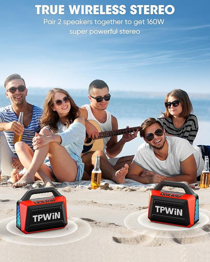 Portable Bluetooth Speakers - Wireless Speaker 80W Peak, Loud Speaker with Light, Strong Bass, BT 5.3, TWS, IPX6 Waterproof, 20H Playtime for Home Party Outdoor Beach Camping - Red
