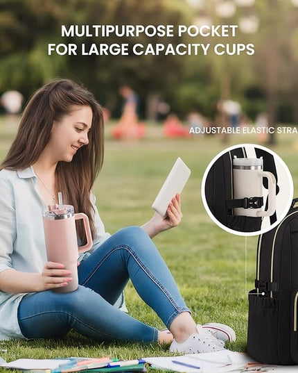 LOVEVOOK Laptop Backpack for Women with Pouch Pocket for Large Capacity Cup,15.6 Inch Teacher Nurse College Work Backpack Purse,Waterproof Laptop Bag Computer Back Pack for Travel,Black+Wicker pattern