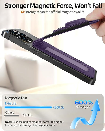 for Magsafe Wallet Stand with Airtag Holder, Strongest Magnetic Wallet for iPhone 17/16/15/14/13/12 Series, ID Window, 4 Card Slots, 10 Cards Holder, Vegan Leather, RFID Blocking, Purple