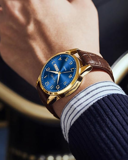 Mens Leather Watch Large Face Classic Quartz Mens Analog Watches Luxury Dress Watches for Men Waterproof Men's Wrist Watch Easy Read with Date Number Dial Relojes para Hombre