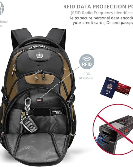 Swissdigital Design Laptop Backpack, Travel Backpack with USB Charging Port Fits 15.6 inches Computer, 31L College School Bookbag for Men,Tan/Black | SD803-34