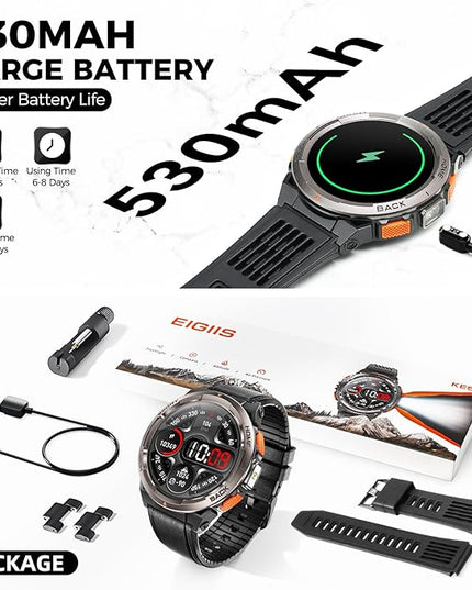 KE5 Military Smart Watch for Men with Flashlight SOS 3ATM Waterproof Watch 530mAh Big Battery 1.45" Rugged Tactical Smartwatch with Compass Elevation Barometer Fitness Watch for iPhone (Leather)