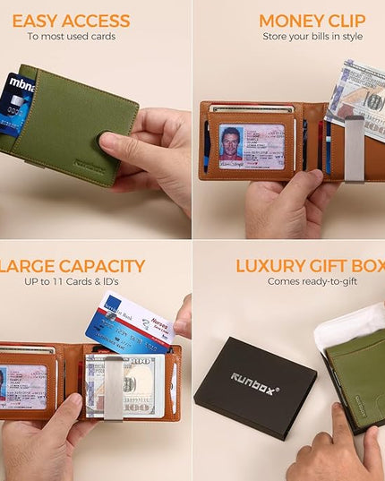RUNBOX Slim Money Clip Wallets for Men RFID Blocking 11 Card Holder Minimalist Small Leather Bifold Men's Front Pocket Wallet Gift Box