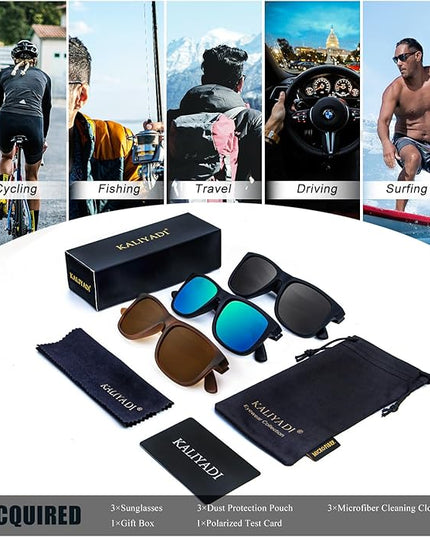 KALIYADI Sunglasses Men Polarized Sun glasses for Mens Womens Classic Matte Black Frame UV Protection 3pack