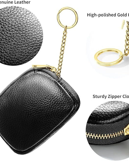 ZYLOXAR Genuine Leather Wallet Small Change Purse Keychain Mini Zipper Coin Pouch for Women (Black)
