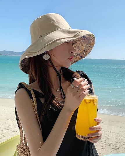 HUAMULAN Women Summer Sun Hat Wide Brim Wired Edge Floral Beach Bucket Hats Reversible Foldable Travel UV Protection Lady Hat
