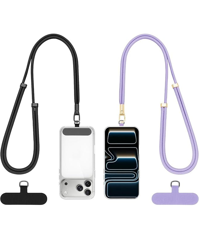 Dadanism Phone Lanyard 2 Pack, 2x Adjustable Crossbody Phone Strap, 2x Tether Tab, Anti-theft Universal Cellphone Multifuctional Patch Lanyards for iPhone & Most Smartphones, Black + Purple