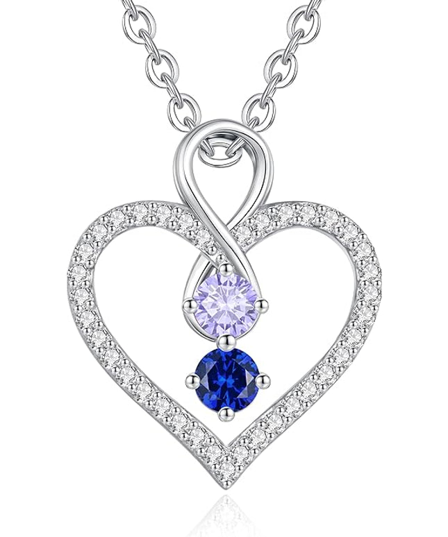 LOUISA SECRET Infinity Double Birthstone Necklace, 925 Sterling Silver Tiny Pendant Heart Necklace for Women Wife Her, Best Jewelry Gift Heart Jewelry Meaningful Gift for Valentine's Day, Christmas, Birthday Anniversary