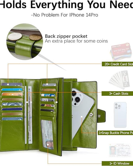 BOSTANTEN Womens Leather Wallets RFID Blocking Large Capacity Trifold Card Holder Ladies Phone Clutch Green