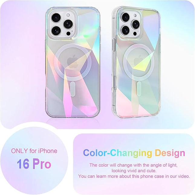 Cute Case for iPhone 16 Pro Case for Women Girls [ Compatible with Magsafe ] Clear Glitter Girly Aesthetic Rainbow Sparkly Bling Magnetic Phone Cover, Iridescent Geometry