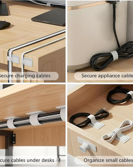 100 Pcs Hook and Loop Cable Ties, Self Adhesive Cable Management Desktop Cable Straps, Adjustable Cord Organizer for Desk Home Office Organization (White)