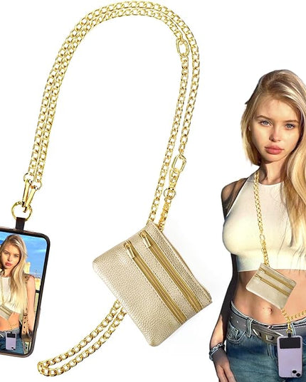XANGNIER Clip and Go Strap for Phone with Wallet Crossbody, Phone Strap with Zippered Wallet, Adjustable Anti Theft Cellphone Lanyard for Women, Cellphone Chain Accessories,Chain Gold