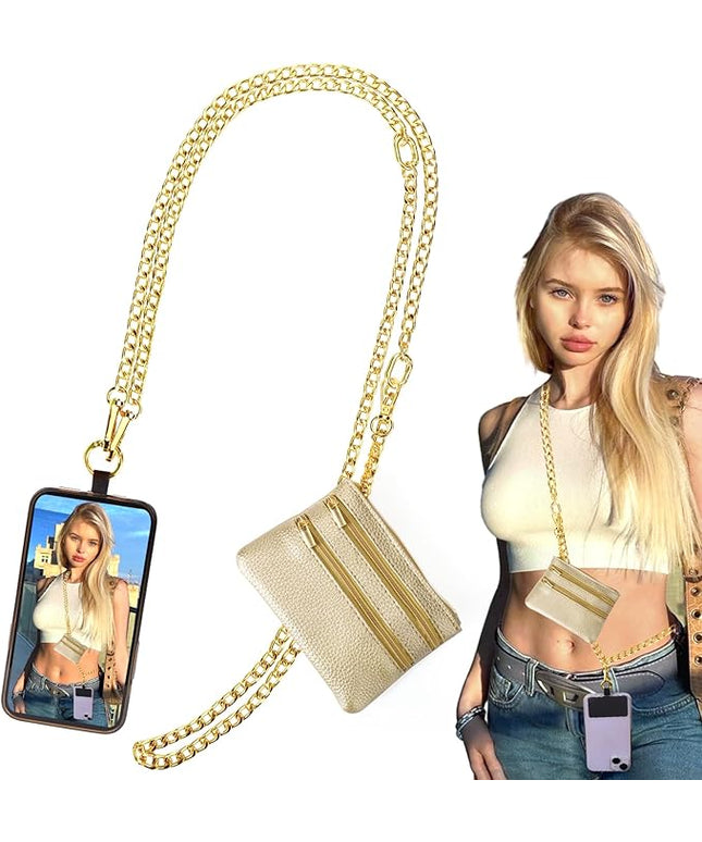 XANGNIER Clip and Go Strap for Phone with Wallet Crossbody, Phone Strap with Zippered Wallet, Adjustable Anti Theft Cellphone Lanyard for Women, Cellphone Chain Accessories,Chain Gold