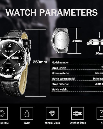 Mens Leather Watch Large Face Classic Quartz Mens Analog Watches Luxury Dress Watches for Men Waterproof Men's Wrist Watch Easy Read with Date Number Dial Relojes para Hombre
