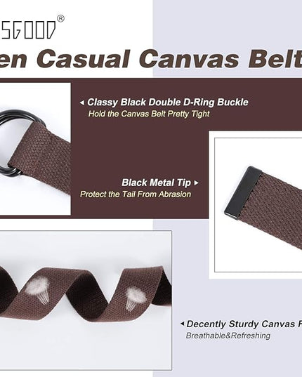 JASGOOD Men Canvas Belt Web Fabric Casual Belt with Black Double D-ring 1 1/2" Wide Set of 2