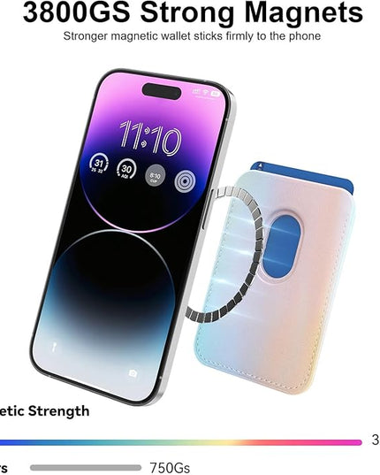 Magnetic Wallet Cell Phone Card Holder for Phone Case with Mag-Safe, Stronger Magnetic RFID Leather Phone Wallet Stick on Series of iPhone 17/16/15/14/13/12 and Pro/Promax, Rainbow Color