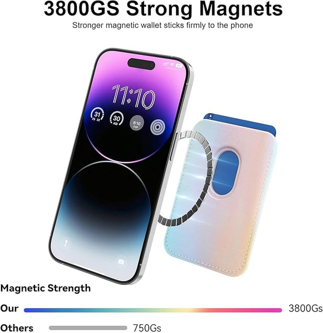 Magnetic Wallet Cell Phone Card Holder for Phone Case with Mag-Safe, Stronger Magnetic RFID Leather Phone Wallet Stick on Series of iPhone 17/16/15/14/13/12 and Pro/Promax, Rainbow Color