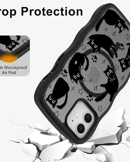 Cute Case for iPhone 12 Case [Compatible with MagSafe] with Kawaii Black Cats Cat Print Pattern Design for Women Girls, Soft Wavy Edge Anti-Slip Animal Magnetic Protective Phone Cover