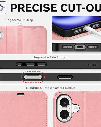 TUCCH Wallet Case for iPhone 16 5G, [Wrist Strap] Kickstand RFID Blocking 4 Card Slots Magnetic Closure, PU Leather Shockproof TPU Shell Compatible with iPhone 16 2024, Rose Gold with Wristlet