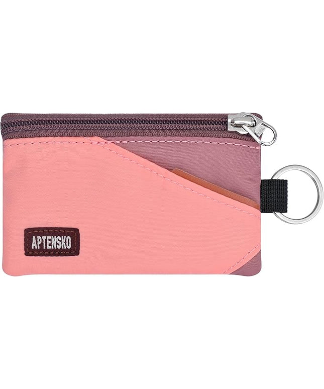 RFID Travel Wallet with Adjustable Lanyard-Zipper Small Wallet with ID Card Holder, Keychain for women&men-Minimalist Slim Waterproof Nylon case for ID, Cash, Key (CoralBlush+Mauve)