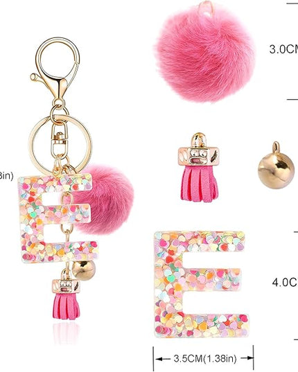 Resin Alphabet Initial Letter Keychain Keyring for Women Purse Handbags With Fur Ball Pom
