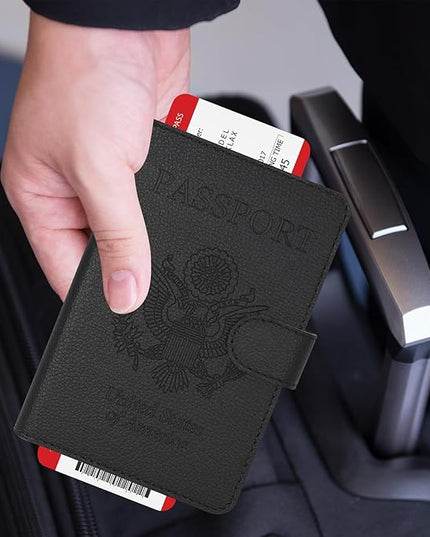 RSAquar Passport Holder for Women and Men, Premium PU Leather Travel Passport Wallet RFID Blocking Passport Cover Travel Documents Organizer (JD-Black)