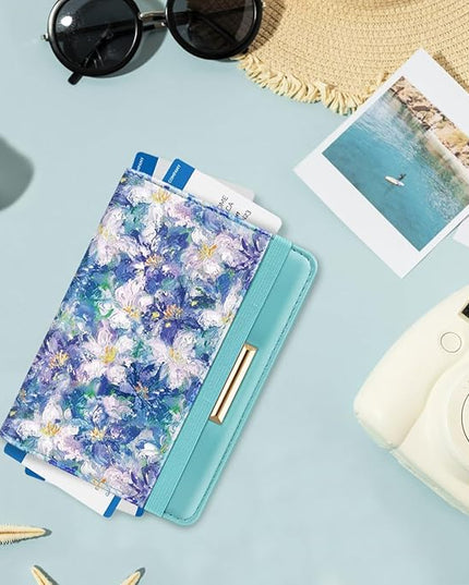 Passport Holder Cover Travel RFID Blocking Passport Cover Rose Gold Cute Flowers Passport Wallet with Elastic Band for Women
