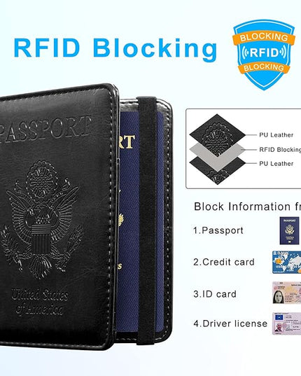 ACdream Passport Holder Cover, Leather Travel Wallet Case, RFID Blocking Document Organizer Protecrtor, with Slots for Credit Cards, Boarding Pass, for Women and Men, Black