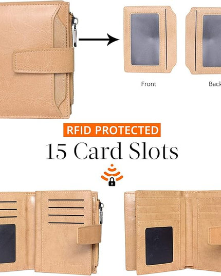 Bveyzi Women's Small Leather RFID Blocking Bifold Zipper Pocket Wallet Ladies Credit Card Slots Purse with id Window