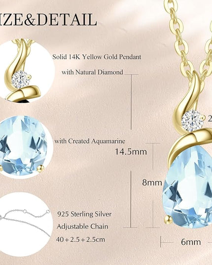 FANCIME 14K Solid Yellow Gold Birthstone Pendant Necklace for Women with Diamond Pear Shaped Teardrop Necklace Birthday Gifts for Mom Women Sterling Silver Chain 16" + 2" Extender