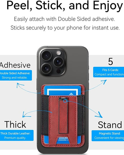 BIAJIYA Phone Wallet Sticky Back with Stand - Holds 6 Cards for iPhone & Samsung, Ultra Thin Leather & Stretch Fabric Card Holder (WinRed)