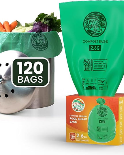 RAYTID Compostable trash Bags 2.6 Gallon Compost Bags for Kitchen Countertop Bin 1.3,2,3, Gallon, 120 Count,Small Kitchen Food Scrap Waste Bags,ASTM D6400, US BPI & Europe OK Compost Home Certified
