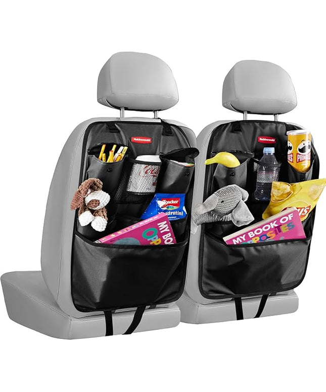Rubbermaid Backseat Car Organizer, Kick Mats and Seat Back Protector, Car Organizer for Kids with 6 Storage Pockets, Travel Essentials for SUV, Truck, Car - 2 packs Black