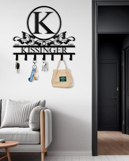 Dyoart Personalized Key Holder Wall Mount - Custom Family Name Key Holder for Wall, Metal Key Rack Hook Organizer, Coat Rack, Key Hanger Wall Decor for Kitchen, Entryway, Hallway, Bedroom